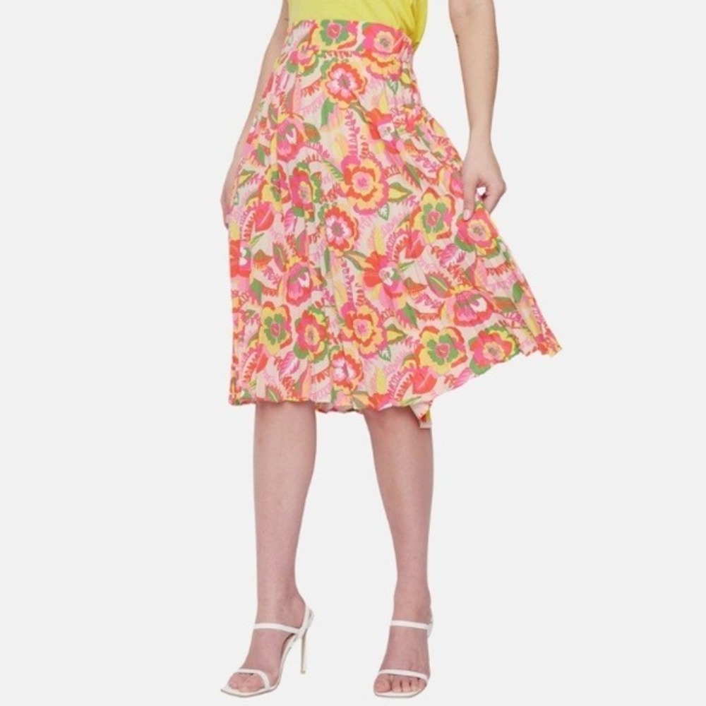 VERO COLLECTION Pink Multicolor Floral Pleated Midi Skirt‎ Small